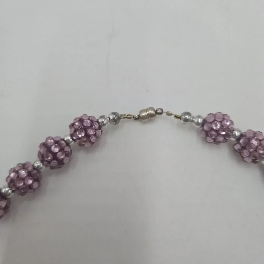 Vintage Purple Beaded Rhinestone Necklace Magnetic Clasp 18